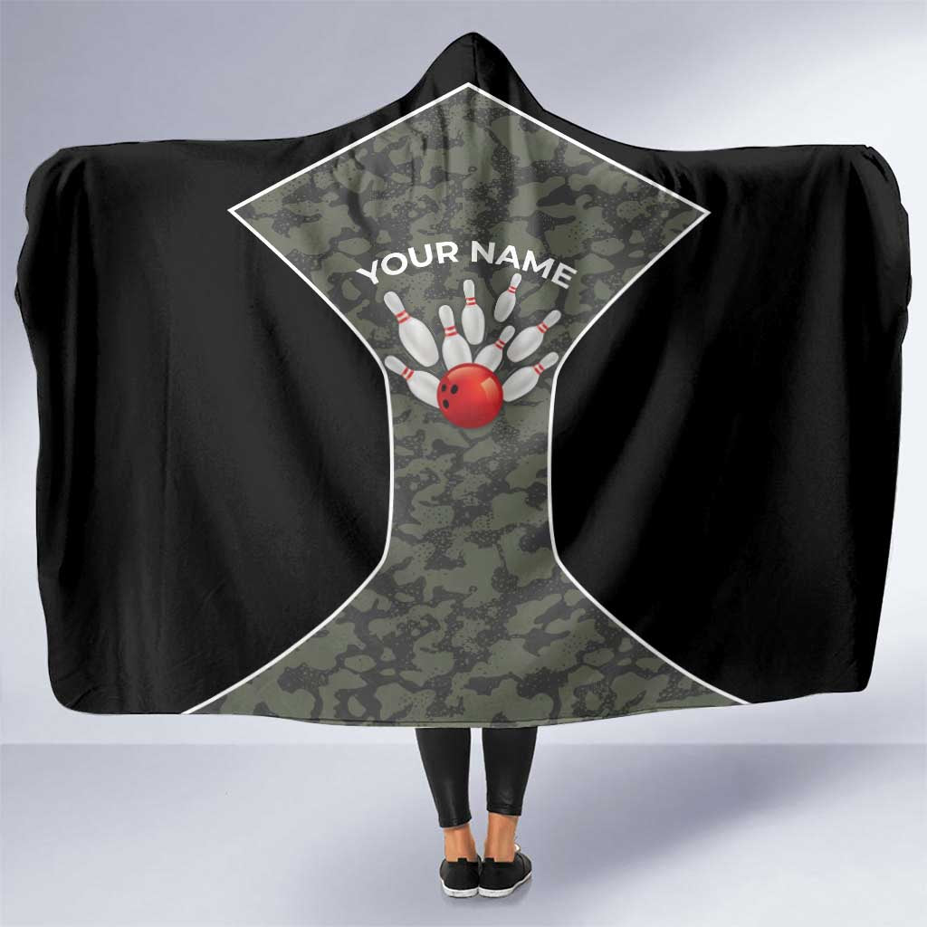 Custom Camouflage Bowling Hooded Blanket with Red Strike Ball Graphic - Wonder Print Shop