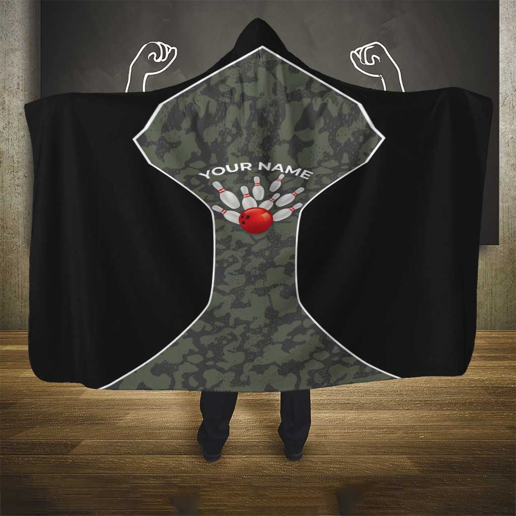 Custom Camouflage Bowling Hooded Blanket with Red Strike Ball Graphic - Wonder Print Shop