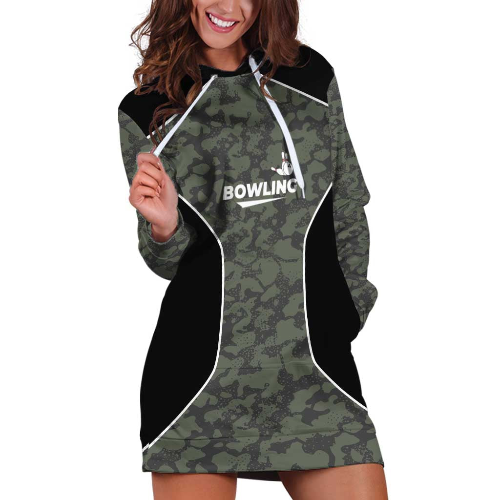 Custom Camouflage Bowling Hoodie Dress with Red Strike Ball Graphic - Wonder Print Shop