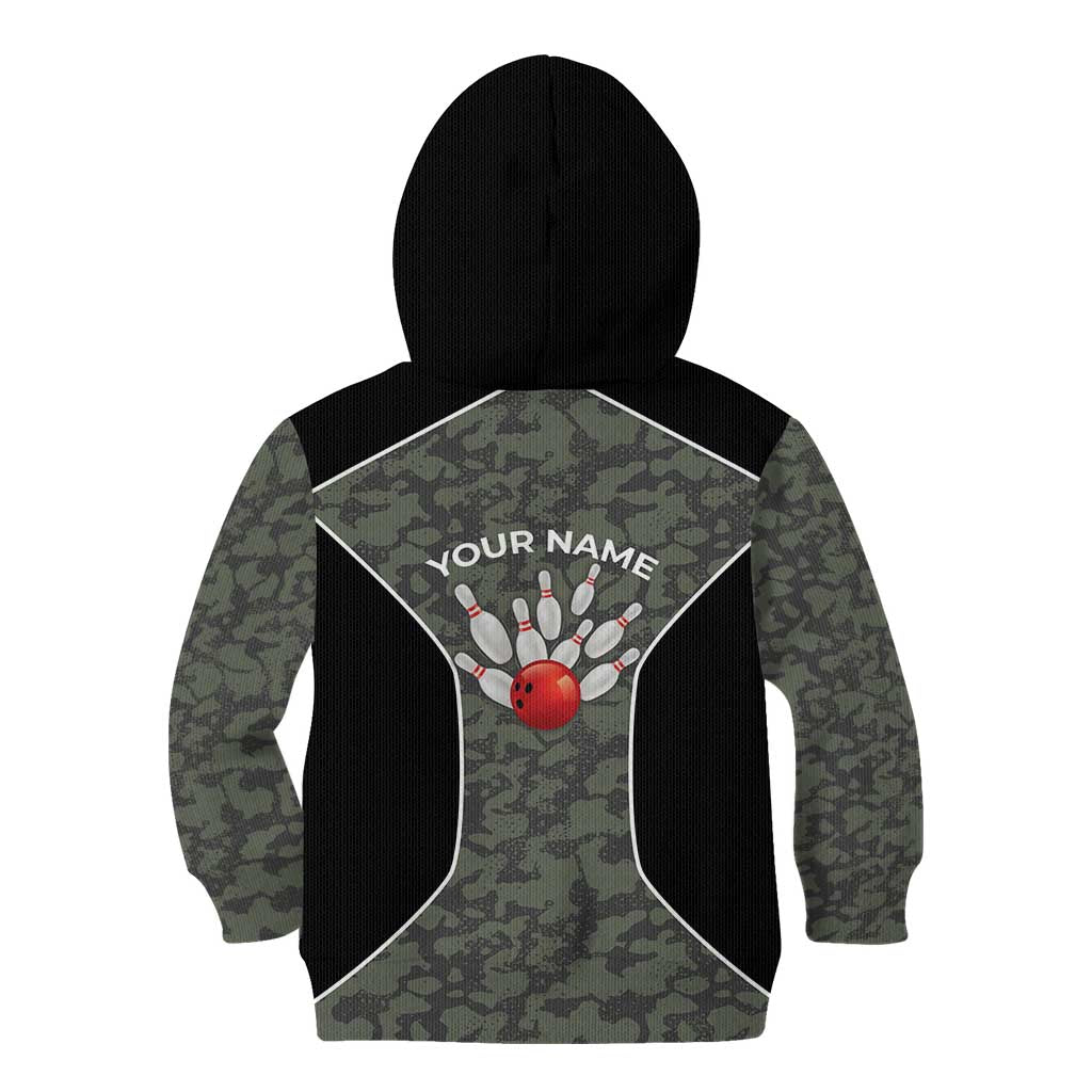 Custom Camouflage Bowling Kid Hoodie with Red Strike Ball Graphic - Wonder Print Shop