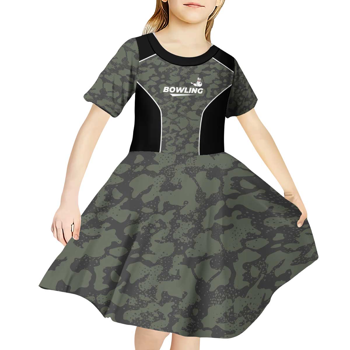 Custom Camouflage Bowling Kid Short Sleeve Dress with Red Strike Ball Graphic - Wonder Print Shop