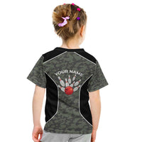 Custom Camouflage Bowling Kid T Shirt with Red Strike Ball Graphic - Wonder Print Shop