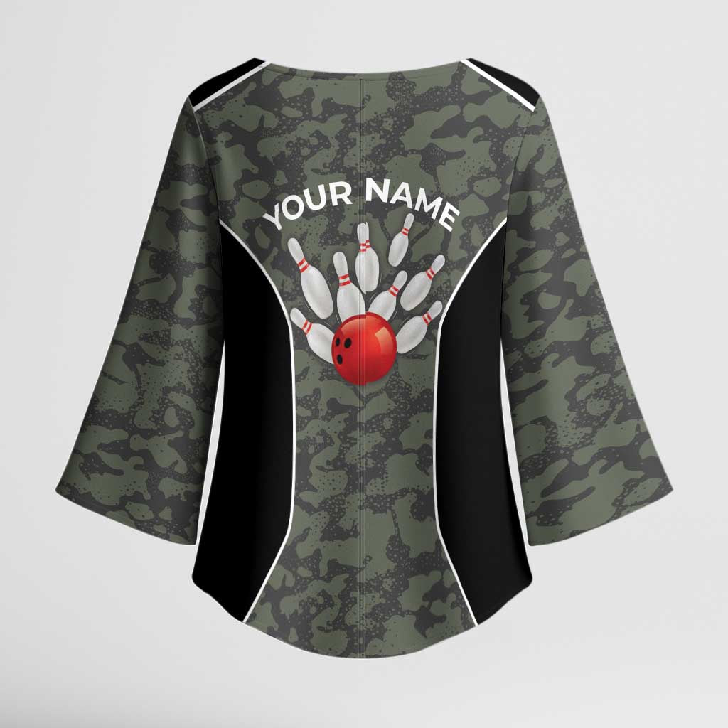 Custom Camouflage Bowling Kimono Sleeve Blouse with Red Strike Ball Graphic - Wonder Print Shop