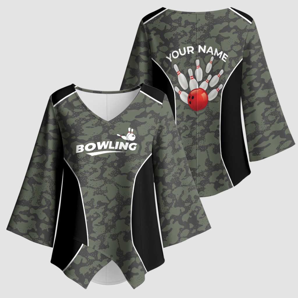 Custom Camouflage Bowling Kimono Sleeve Blouse with Red Strike Ball Graphic - Wonder Print Shop