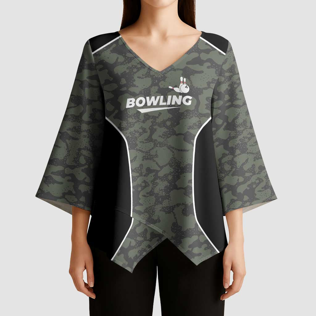 Custom Camouflage Bowling Kimono Sleeve Blouse with Red Strike Ball Graphic - Wonder Print Shop