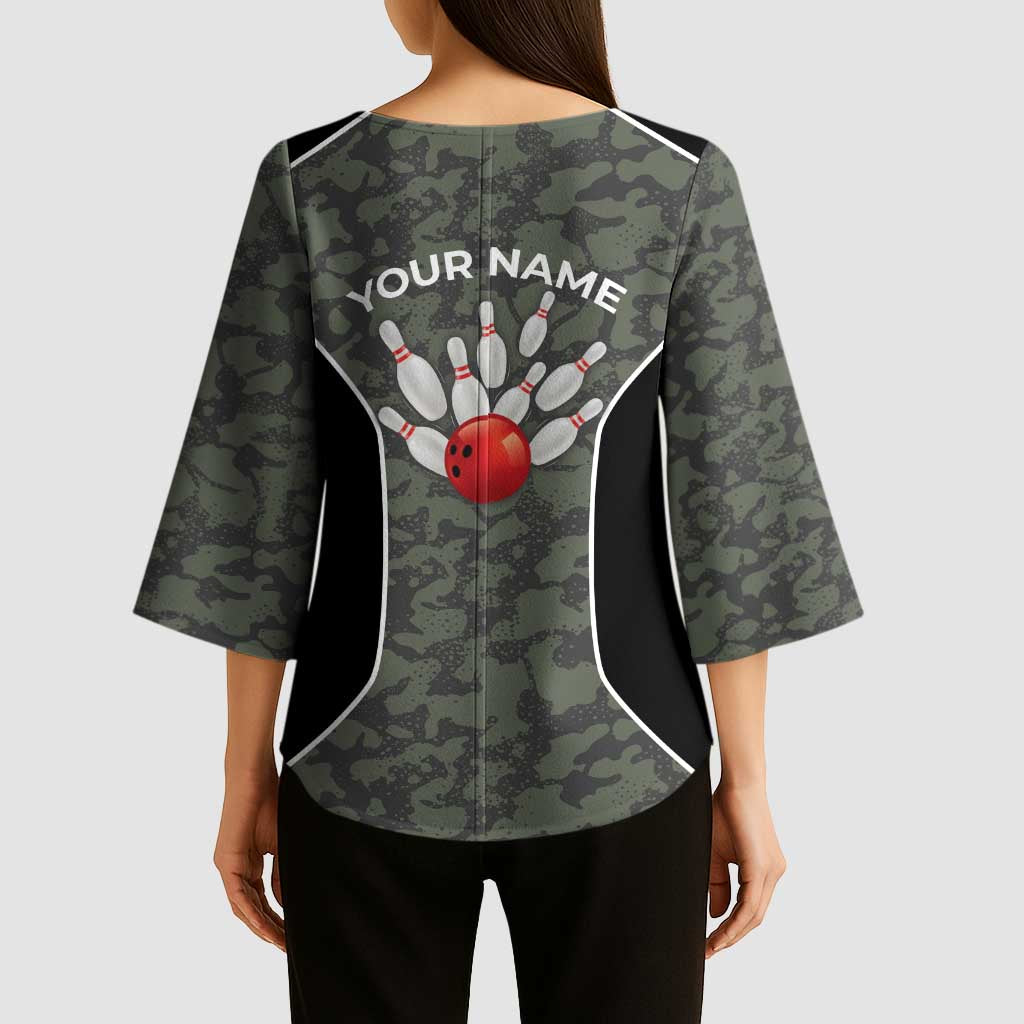 Custom Camouflage Bowling Kimono Sleeve Blouse with Red Strike Ball Graphic - Wonder Print Shop