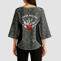 Custom Camouflage Bowling Kimono Sleeve Blouse with Red Strike Ball Graphic - Wonder Print Shop