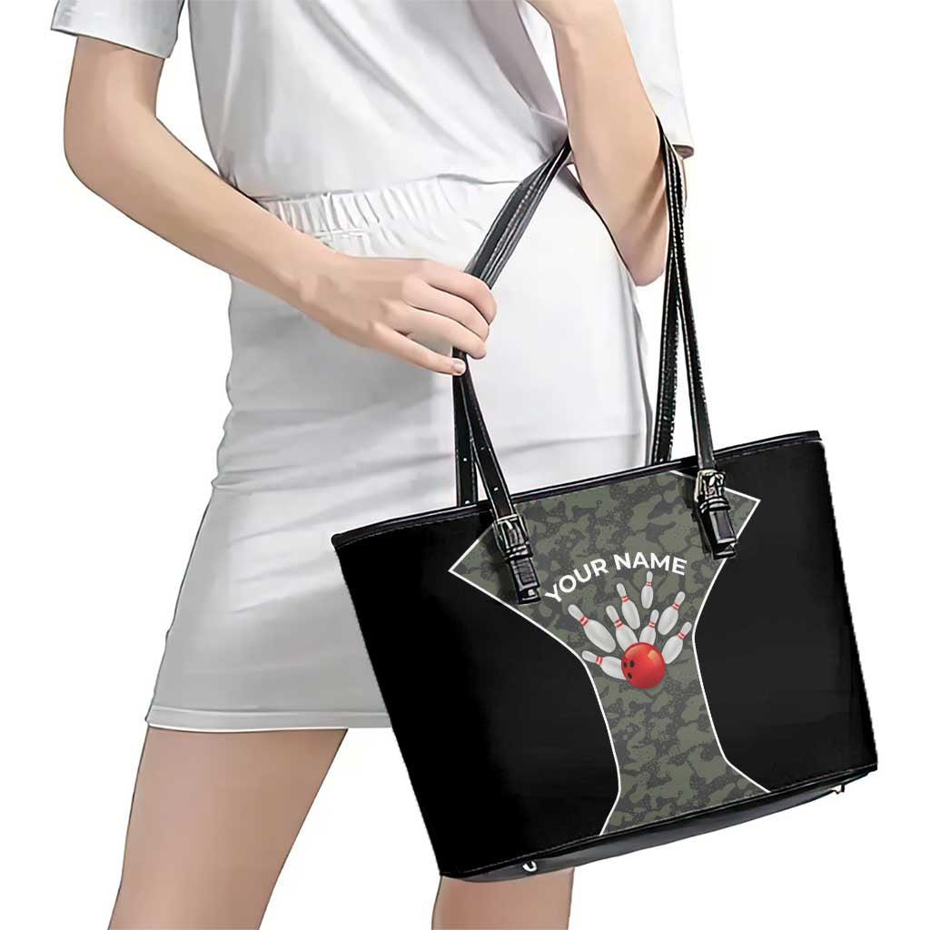 Custom Camouflage Bowling Leather Tote Bag with Red Strike Ball Graphic - Wonder Print Shop