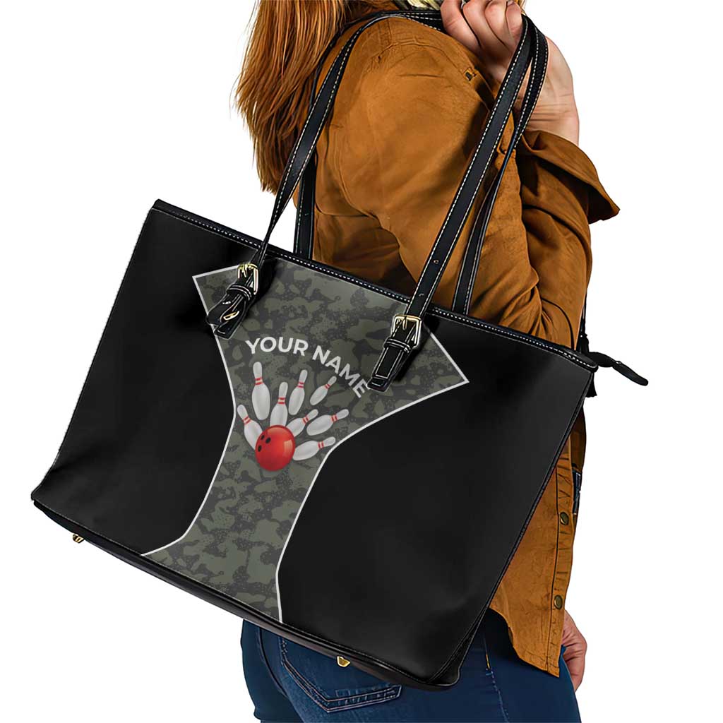 Custom Camouflage Bowling Leather Tote Bag with Red Strike Ball Graphic - Wonder Print Shop