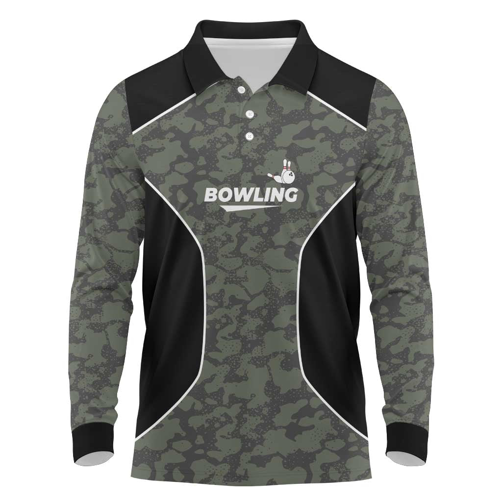 Custom Camouflage Bowling Long Sleeve Polo Shirt with Red Strike Ball Graphic - Wonder Print Shop