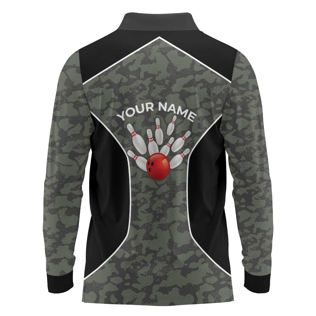Custom Camouflage Bowling Long Sleeve Polo Shirt with Red Strike Ball Graphic - Wonder Print Shop