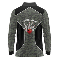 Custom Camouflage Bowling Long Sleeve Polo Shirt with Red Strike Ball Graphic - Wonder Print Shop
