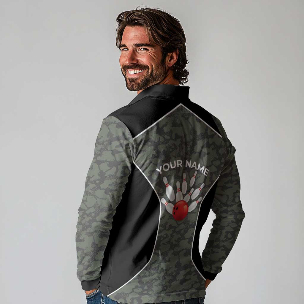 Custom Camouflage Bowling Long Sleeve Polo Shirt with Red Strike Ball Graphic - Wonder Print Shop
