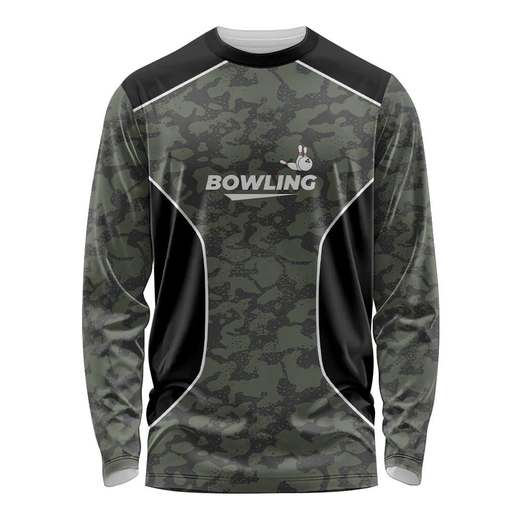 Custom Camouflage Bowling Long Sleeve Shirt with Red Strike Ball Graphic - Wonder Print Shop