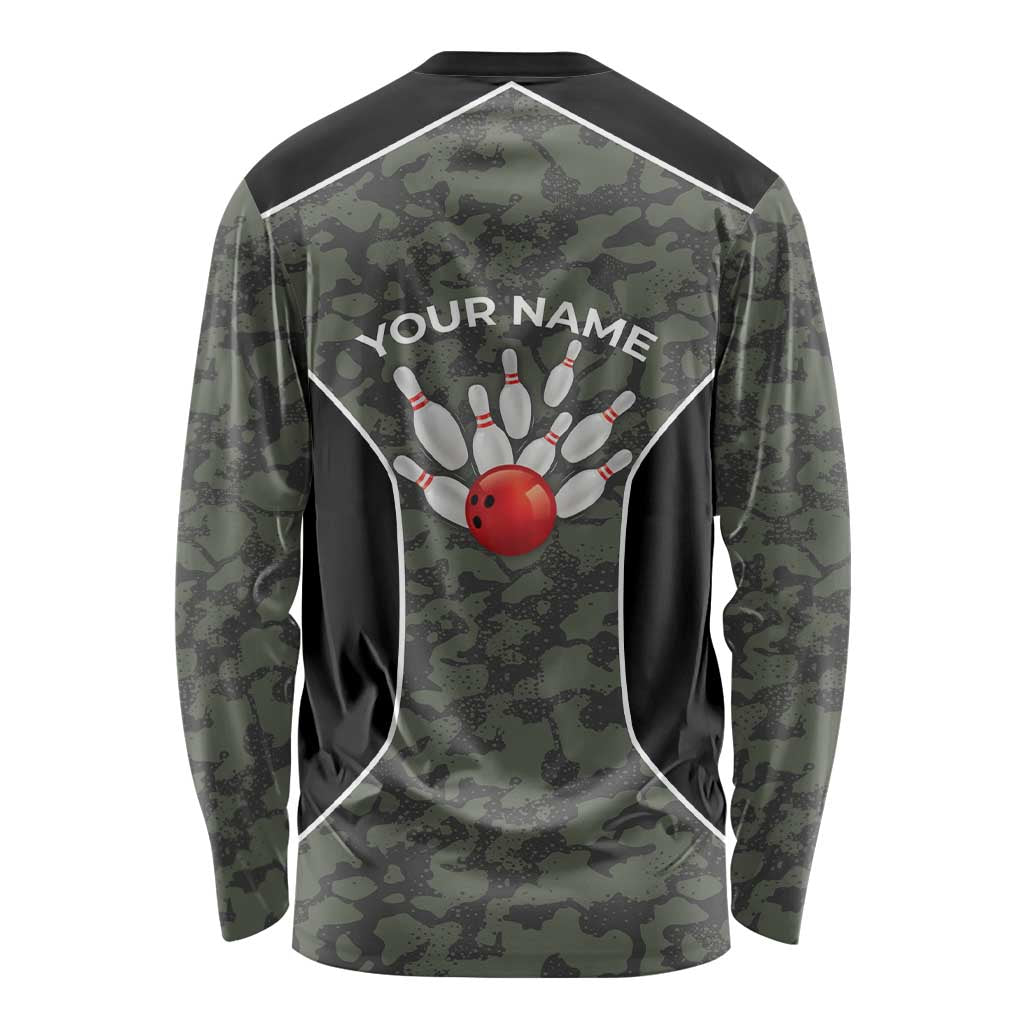 Custom Camouflage Bowling Long Sleeve Shirt with Red Strike Ball Graphic - Wonder Print Shop