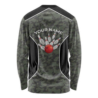 Custom Camouflage Bowling Long Sleeve Shirt with Red Strike Ball Graphic - Wonder Print Shop