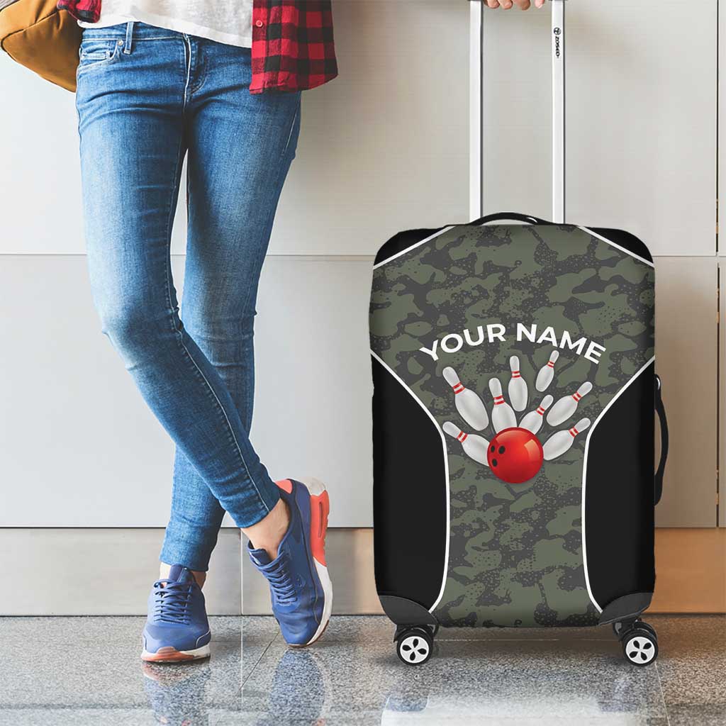 Custom Camouflage Bowling Luggage Cover with Red Strike Ball Graphic - Wonder Print Shop