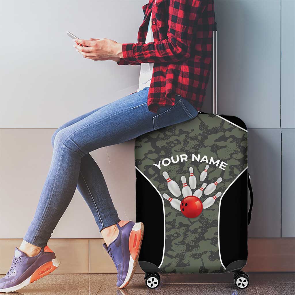 Custom Camouflage Bowling Luggage Cover with Red Strike Ball Graphic - Wonder Print Shop