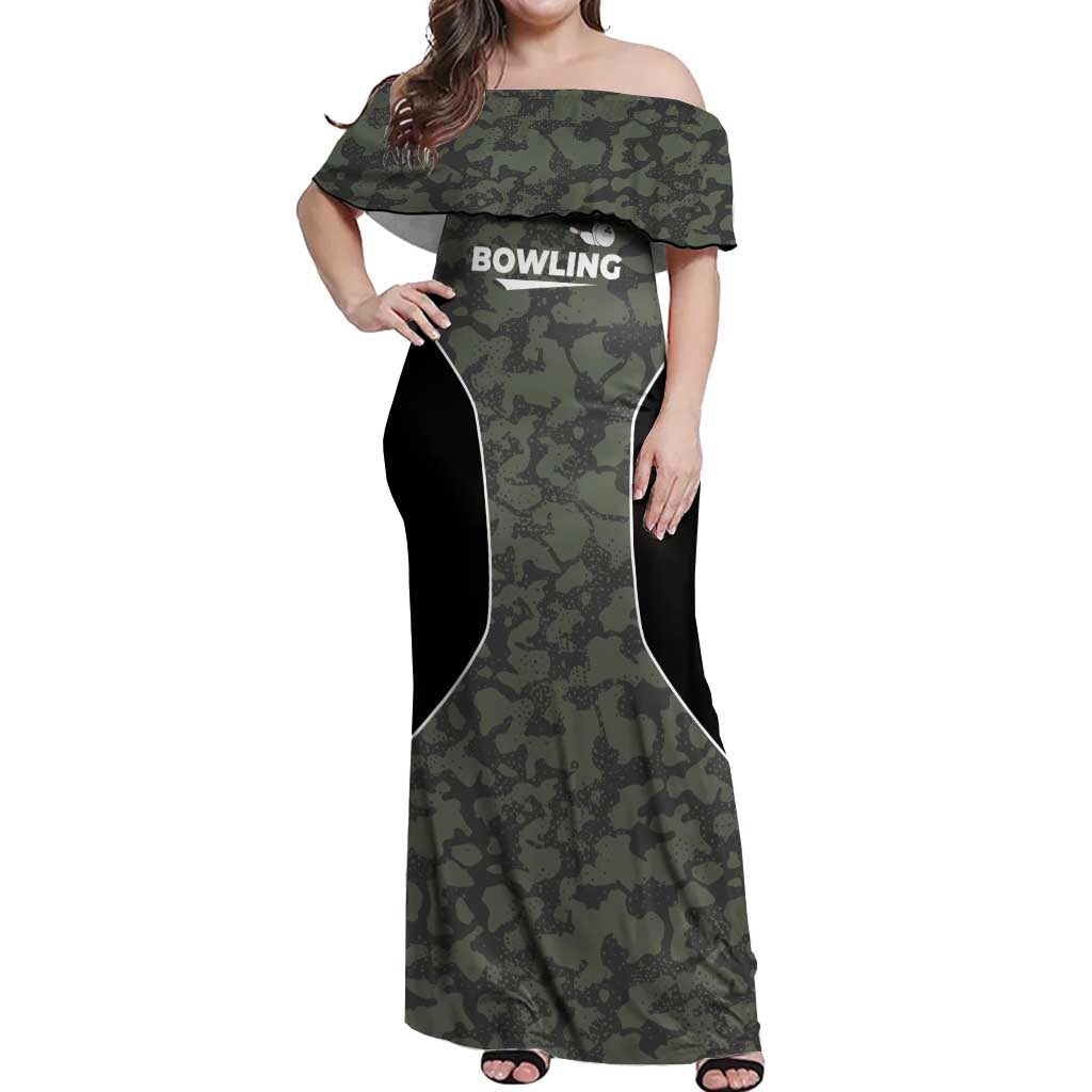Custom Camouflage Bowling Off Shoulder Maxi Dress with Red Strike Ball Graphic - Wonder Print Shop