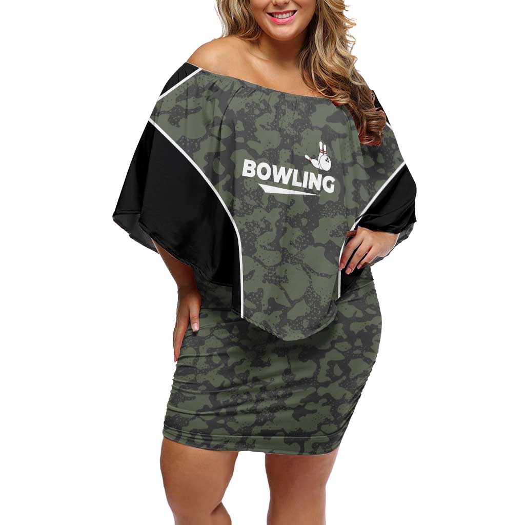 Custom Camouflage Bowling Off Shoulder Short Dress with Red Strike Ball Graphic - Wonder Print Shop