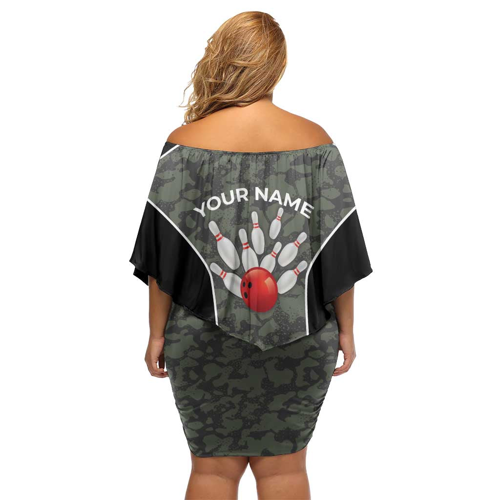 Custom Camouflage Bowling Off Shoulder Short Dress with Red Strike Ball Graphic - Wonder Print Shop