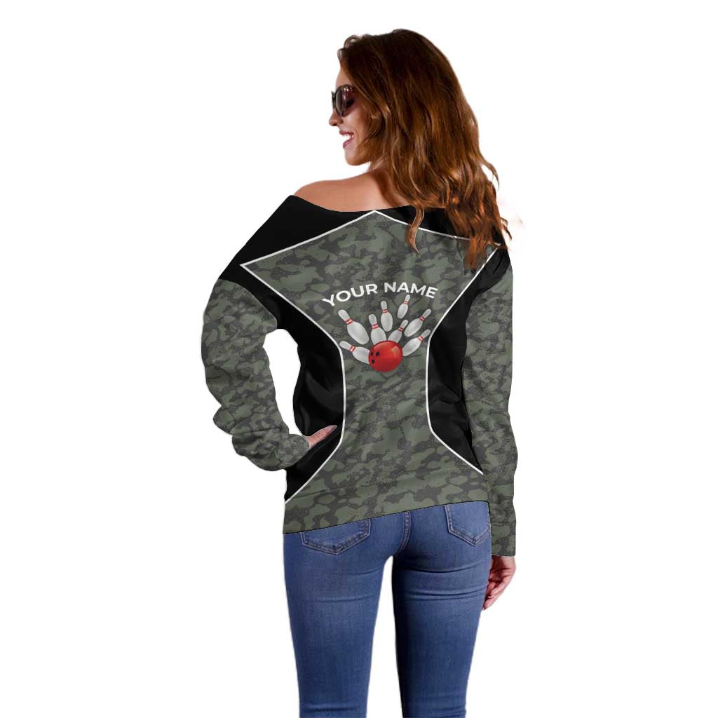 Custom Camouflage Bowling Off Shoulder Sweater with Red Strike Ball Graphic - Wonder Print Shop