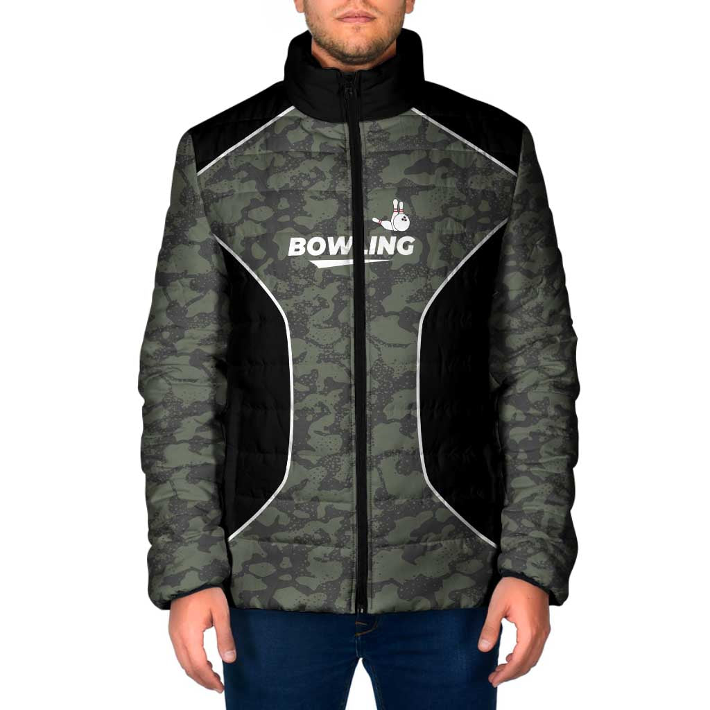 Custom Camouflage Bowling Padded Jacket with Red Strike Ball Graphic - Wonder Print Shop
