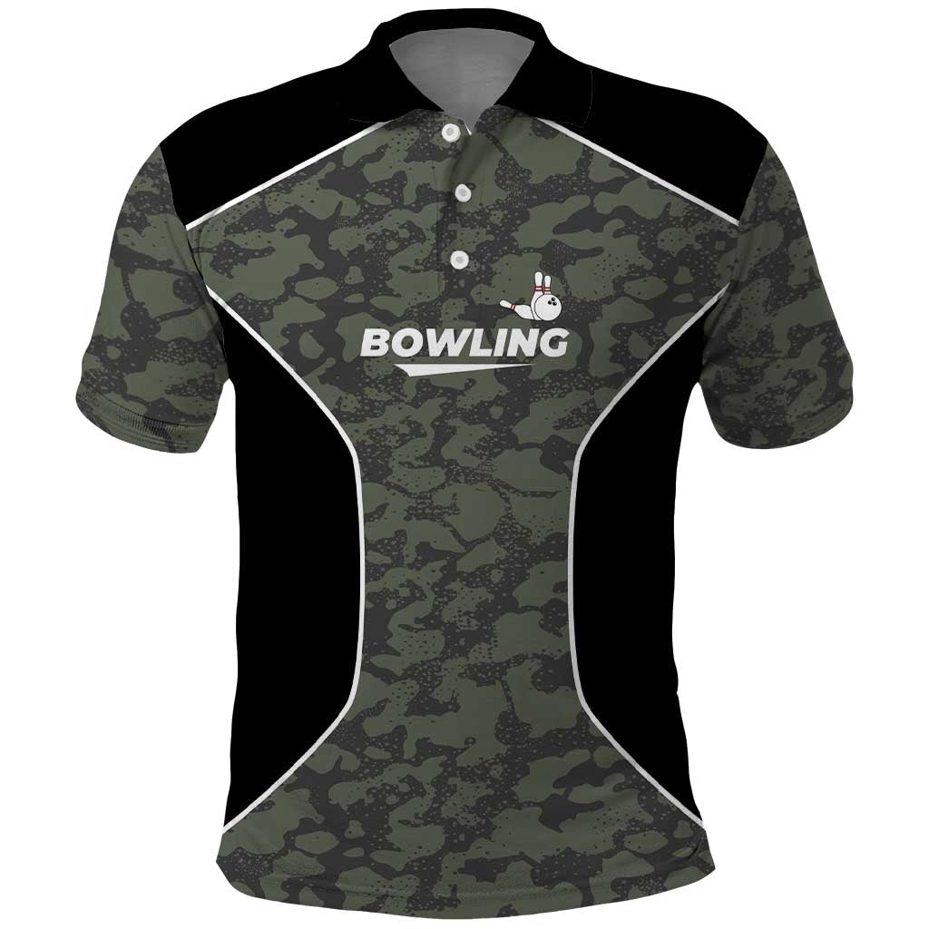 Custom Camouflage Bowling Polo Shirt with Red Strike Ball Graphic - Wonder Print Shop