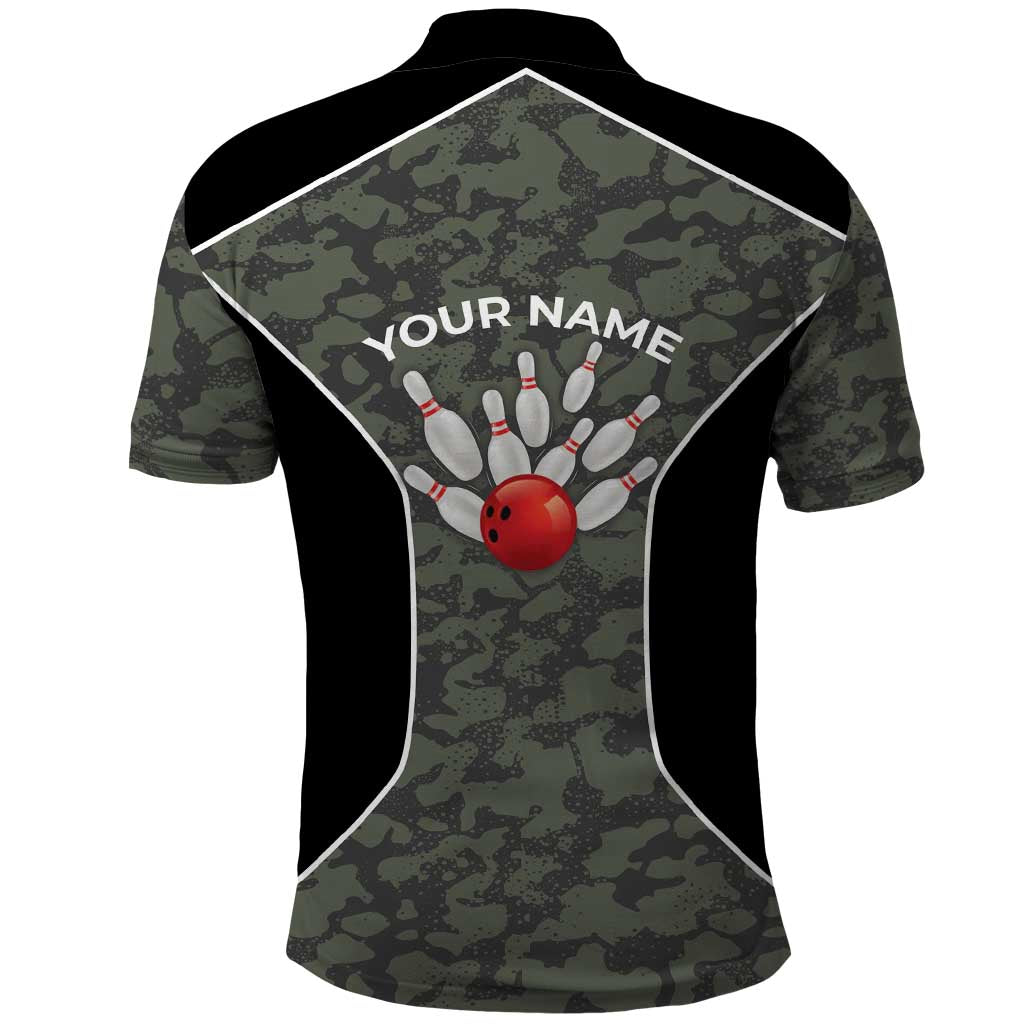 Custom Camouflage Bowling Polo Shirt with Red Strike Ball Graphic - Wonder Print Shop