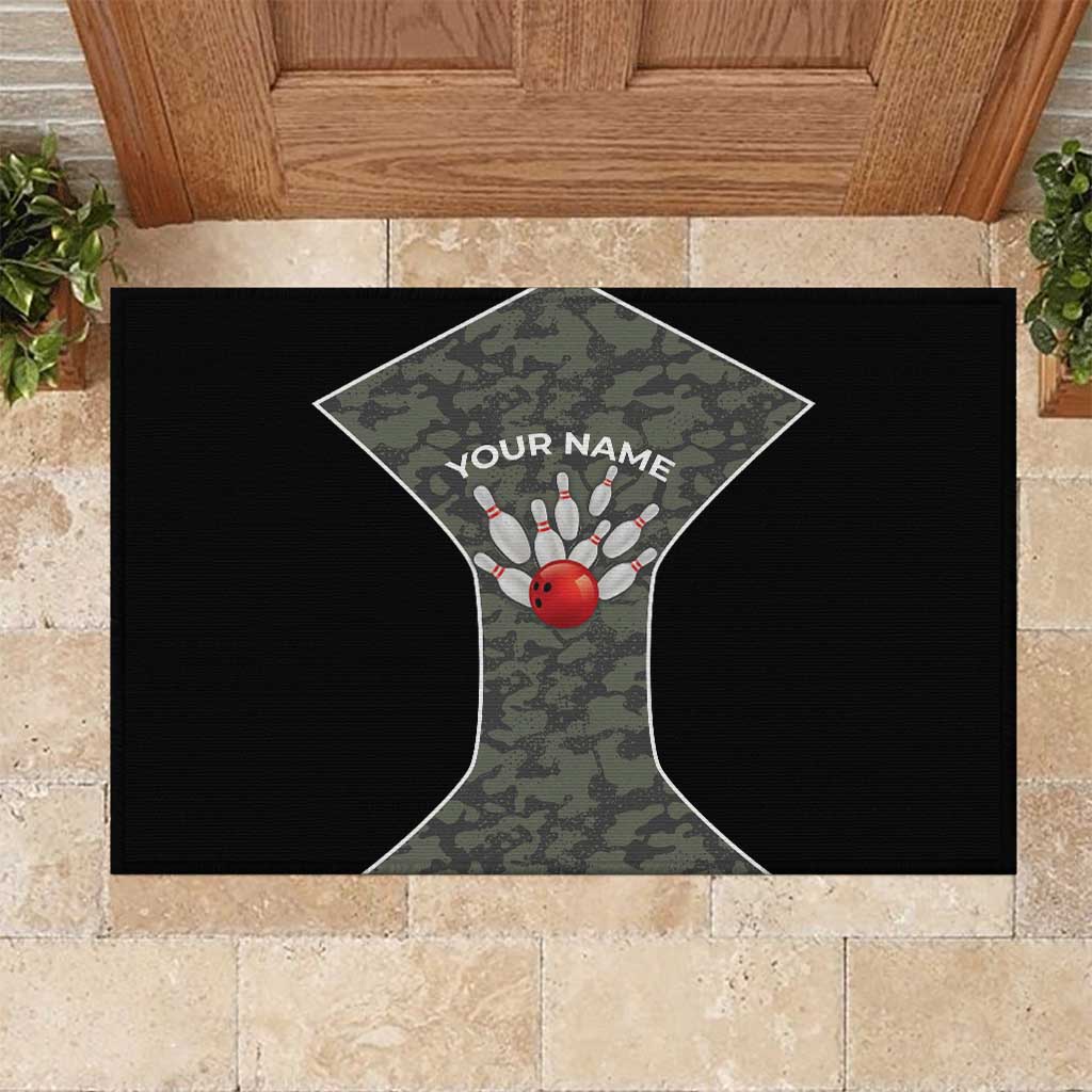 Custom Camouflage Bowling Rubber Doormat with Red Strike Ball Graphic - Wonder Print Shop