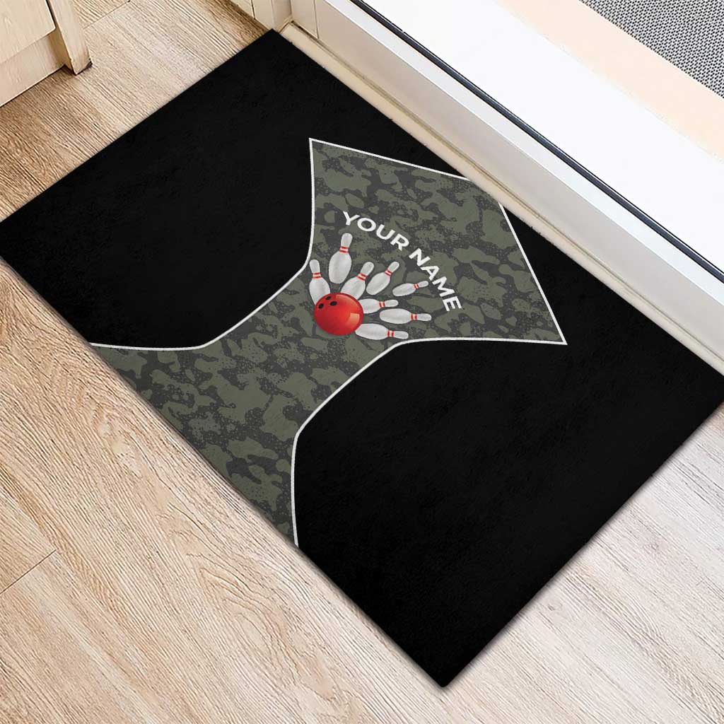 Custom Camouflage Bowling Rubber Doormat with Red Strike Ball Graphic - Wonder Print Shop