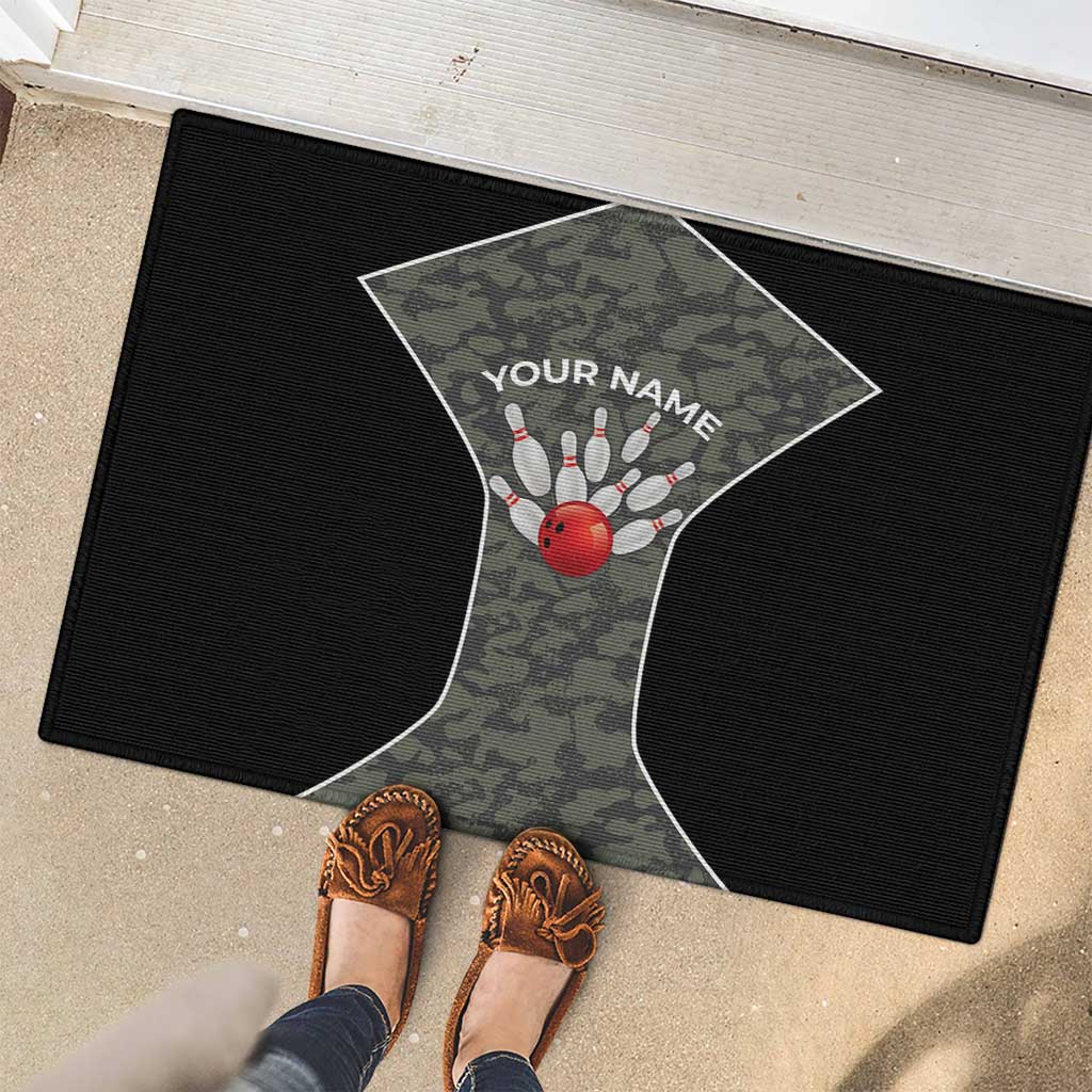 Custom Camouflage Bowling Rubber Doormat with Red Strike Ball Graphic - Wonder Print Shop