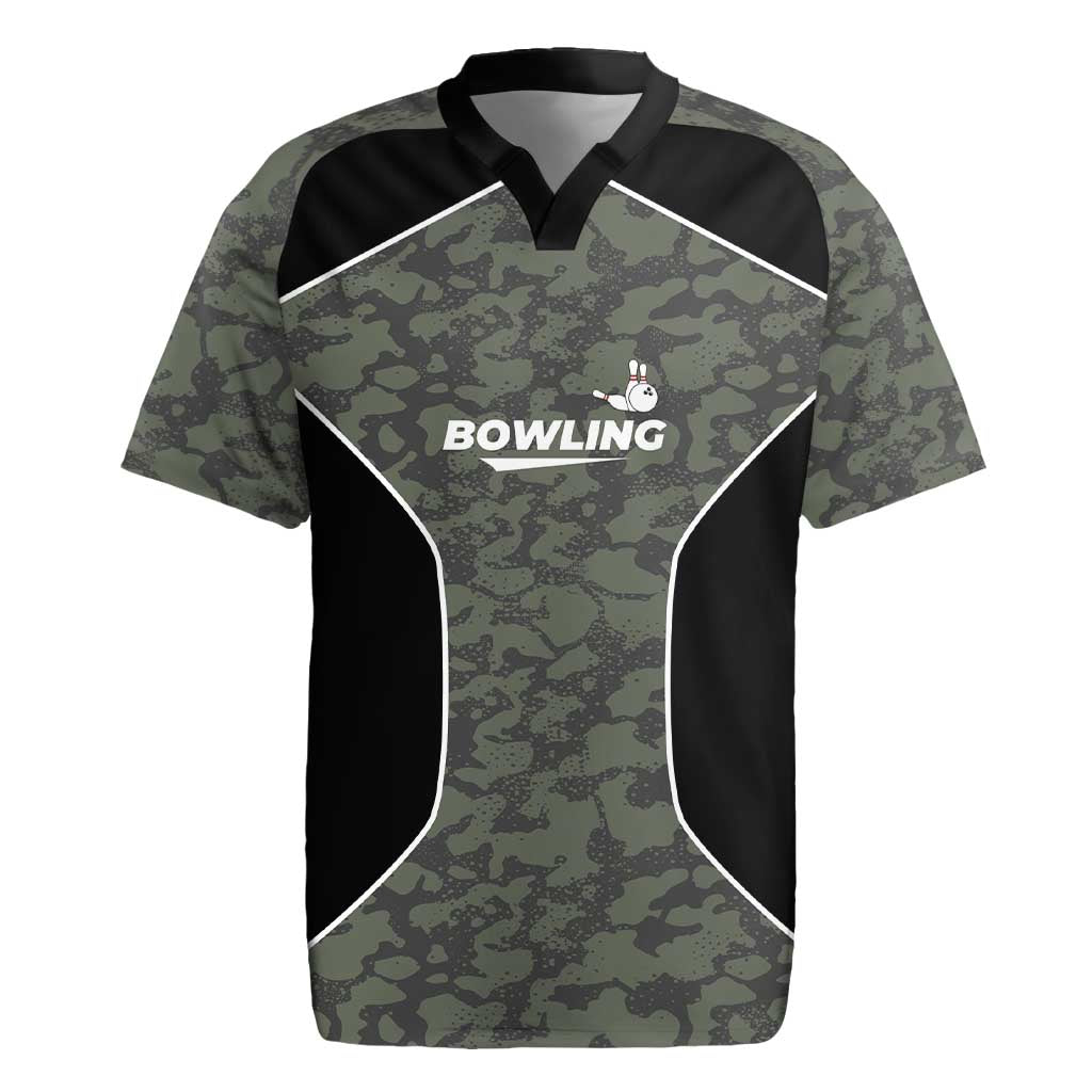 Custom Camouflage Bowling Rugby Jersey with Red Strike Ball Graphic - Wonder Print Shop