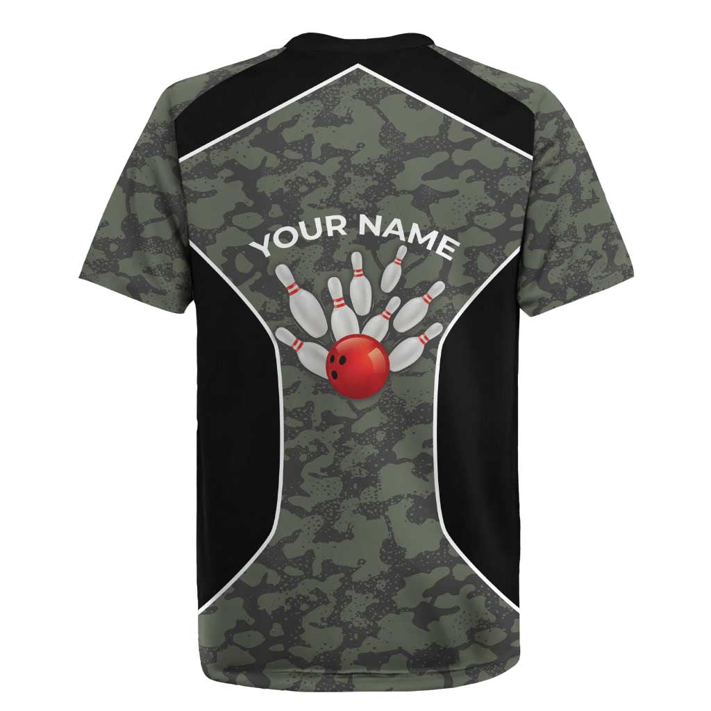 Custom Camouflage Bowling Rugby Jersey with Red Strike Ball Graphic - Wonder Print Shop