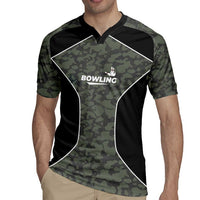 Custom Camouflage Bowling Rugby Jersey with Red Strike Ball Graphic - Wonder Print Shop
