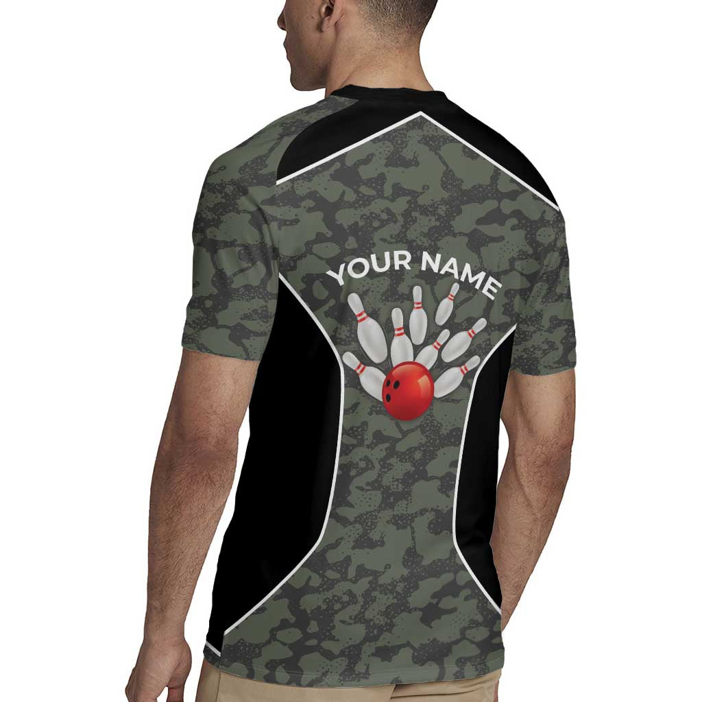 Custom Camouflage Bowling Rugby Jersey with Red Strike Ball Graphic - Wonder Print Shop