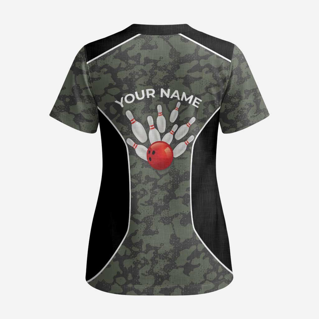 Custom Camouflage Bowling Scrub Top with Red Strike Ball Graphic - Wonder Print Shop