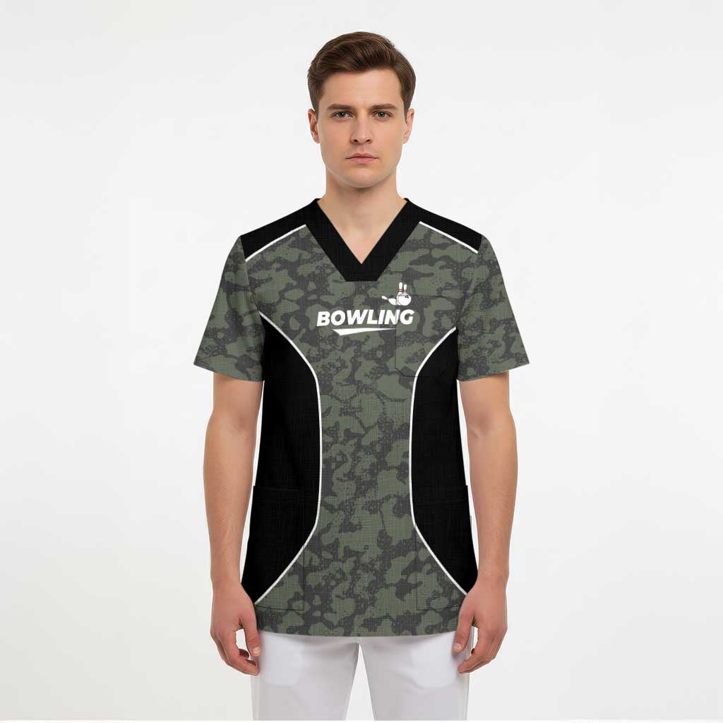 Custom Camouflage Bowling Scrub Top with Red Strike Ball Graphic - Wonder Print Shop