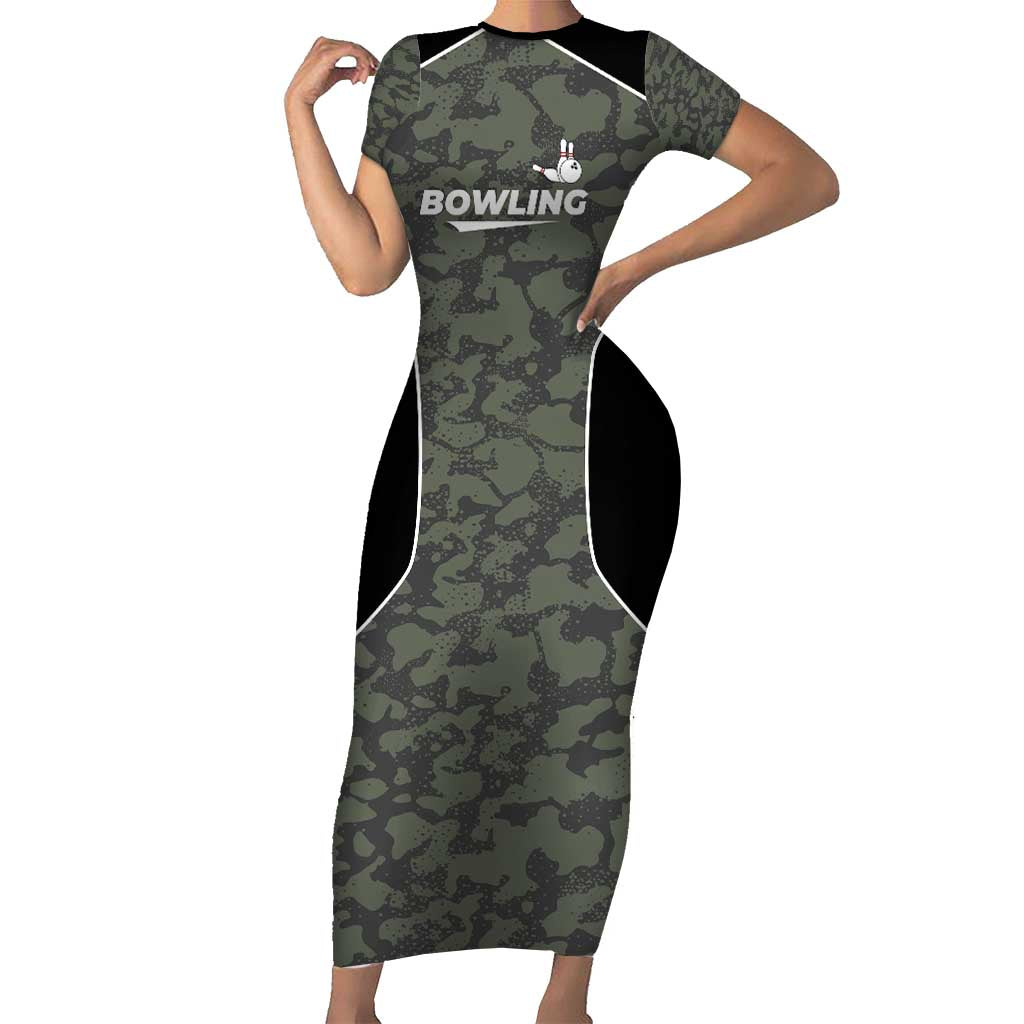 Custom Camouflage Bowling Short Sleeve Bodycon Dress with Red Strike Ball Graphic - Wonder Print Shop