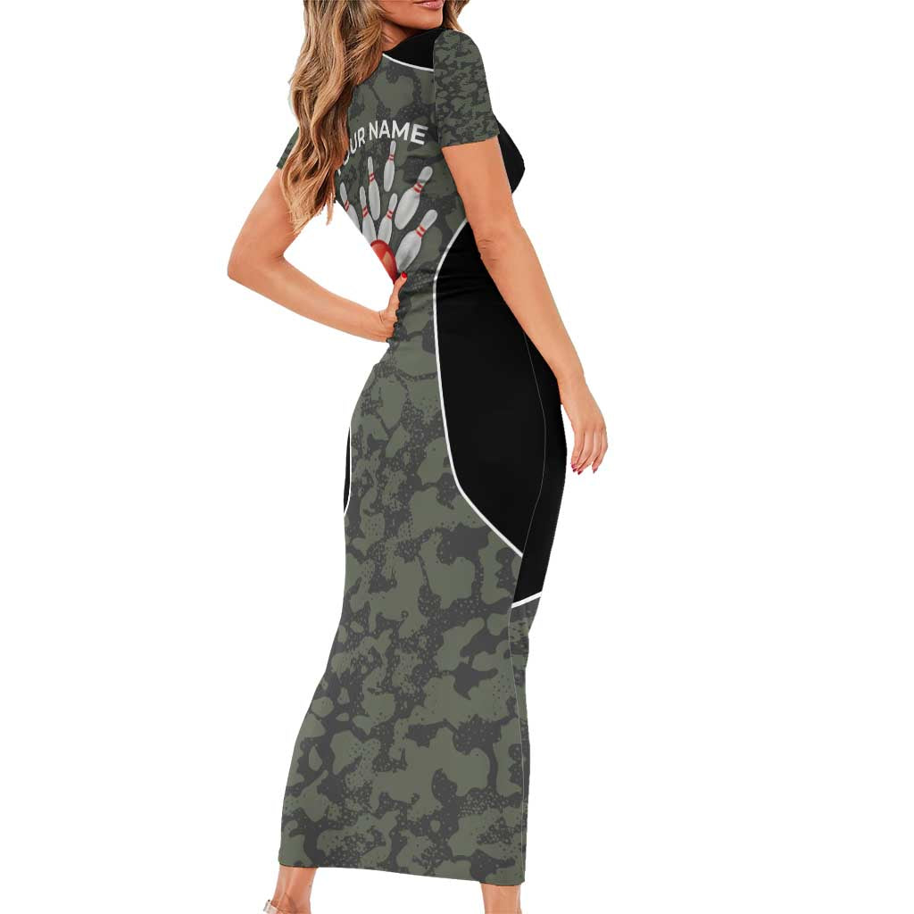 Custom Camouflage Bowling Short Sleeve Bodycon Dress with Red Strike Ball Graphic - Wonder Print Shop