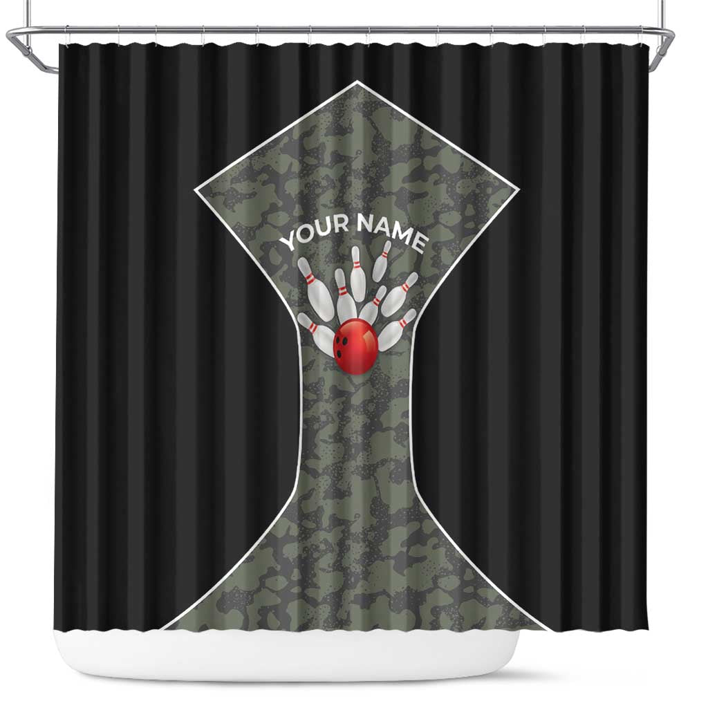 Custom Camouflage Bowling Shower Curtain with Red Strike Ball Graphic - Wonder Print Shop