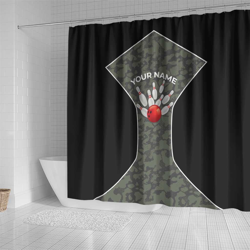 Custom Camouflage Bowling Shower Curtain with Red Strike Ball Graphic - Wonder Print Shop