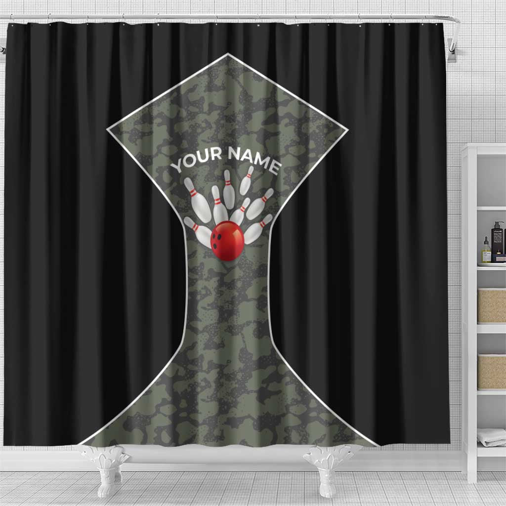 Custom Camouflage Bowling Shower Curtain with Red Strike Ball Graphic - Wonder Print Shop