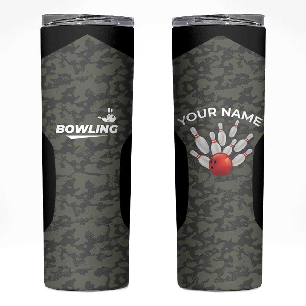Custom Camouflage Bowling Skinny Tumbler with Red Strike Ball Graphic - Wonder Print Shop