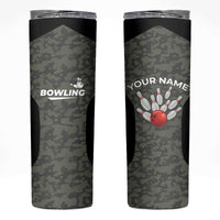 Custom Camouflage Bowling Skinny Tumbler with Red Strike Ball Graphic - Wonder Print Shop