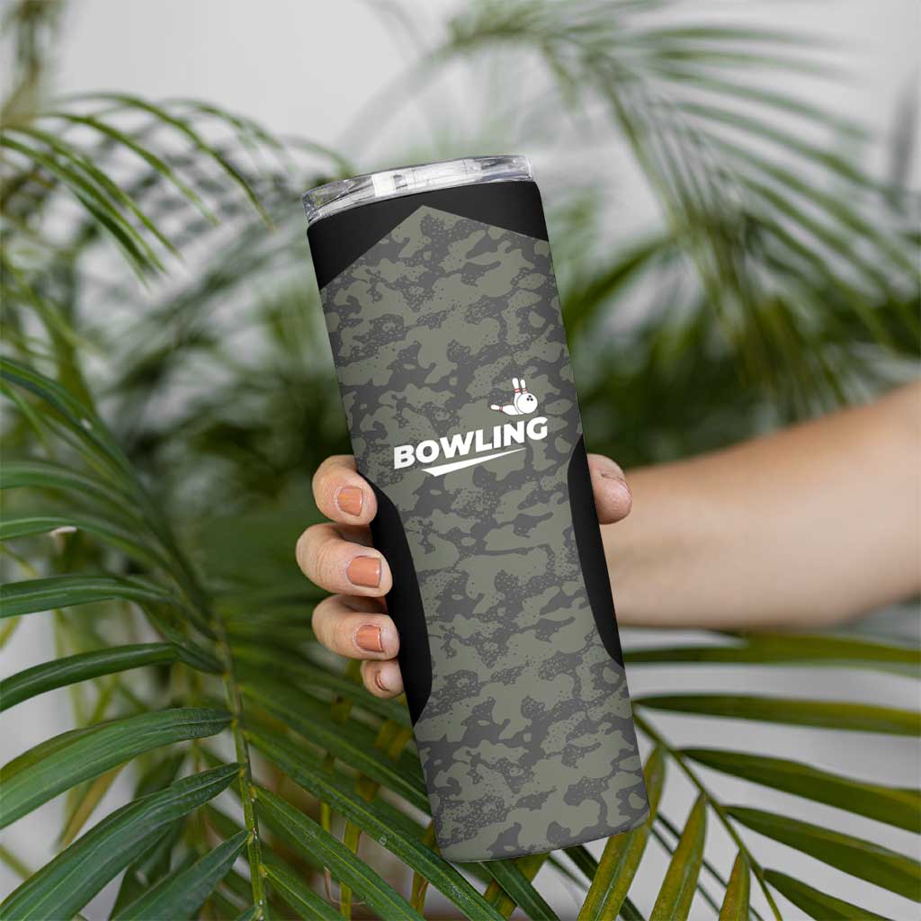Custom Camouflage Bowling Skinny Tumbler with Red Strike Ball Graphic - Wonder Print Shop