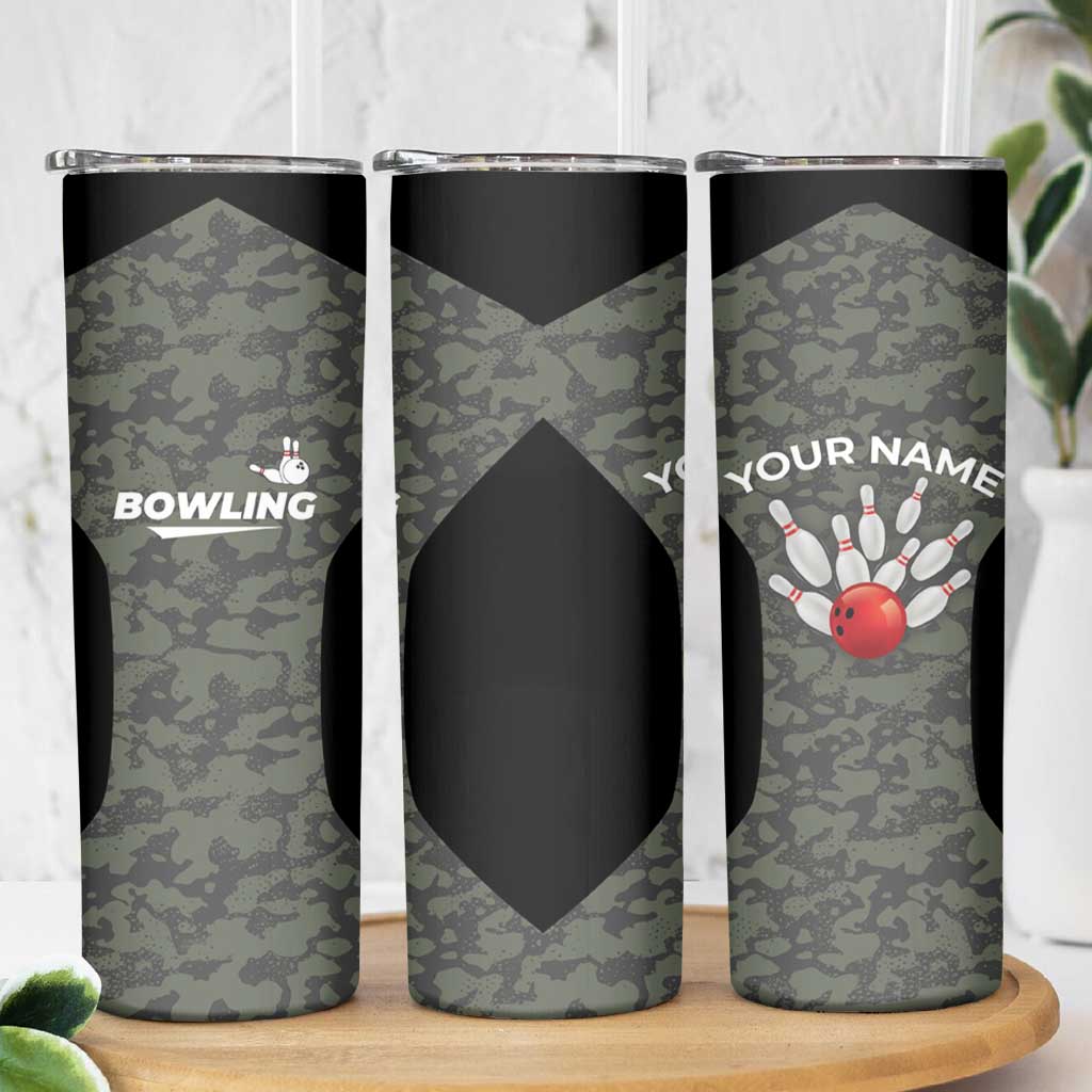 Custom Camouflage Bowling Skinny Tumbler with Red Strike Ball Graphic - Wonder Print Shop