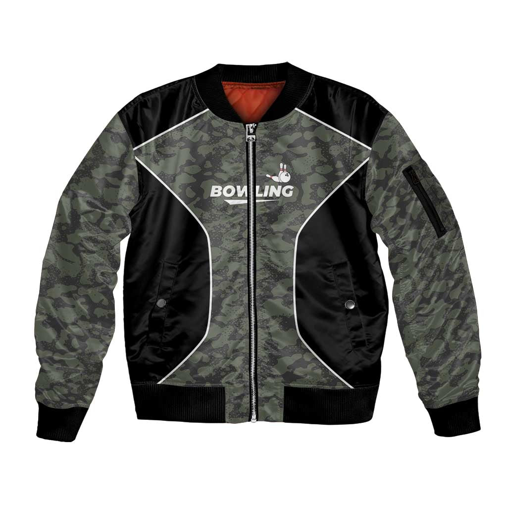 Custom Camouflage Bowling Sleeve Zip Bomber Jacket with Red Strike Ball Graphic - Wonder Print Shop