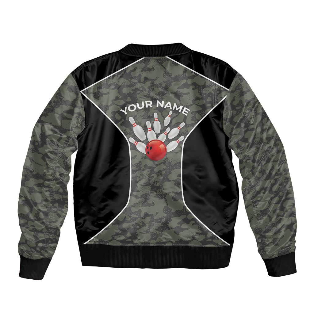 Custom Camouflage Bowling Sleeve Zip Bomber Jacket with Red Strike Ball Graphic - Wonder Print Shop