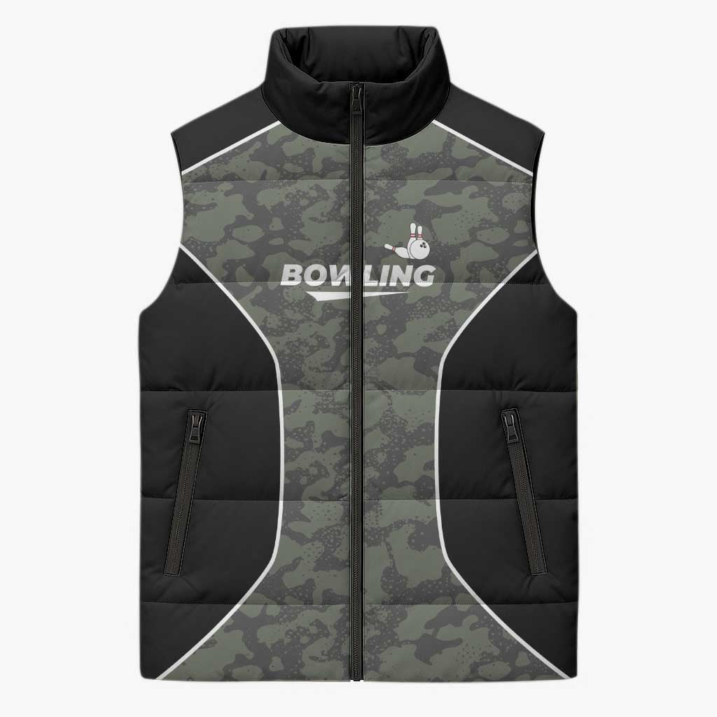 Custom Camouflage Bowling Sleeveless Puffer Jacket with Red Strike Ball Graphic - Wonder Print Shop